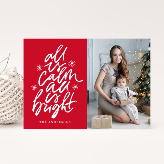 Hand-Lettered All Is Calm All Is Bright Red Photo Holiday Card (Creator Uploaded)
