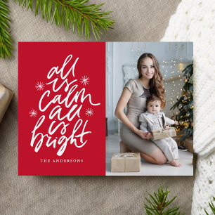 Hand-Lettered All Is Calm All Is Bright Red Photo Holiday Postcard