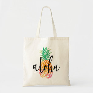 hand lettered aloha tropical watercolor pineapple tote bag
