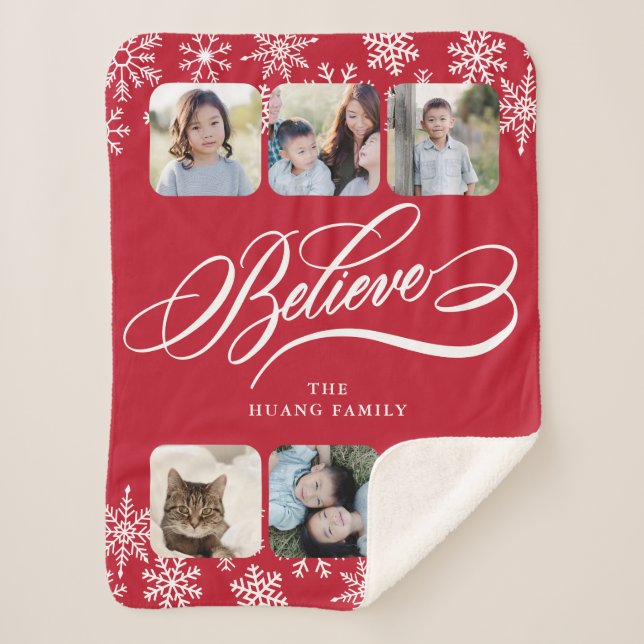 Hand-lettered Believe Christmas + Name Photo Sherpa Blanket (Front)