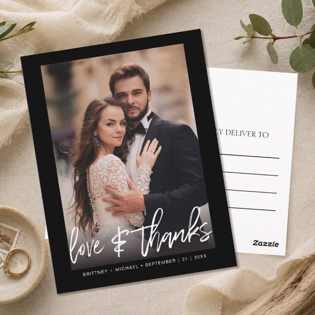 Hand-Lettered Black Photo Thank You Postcard (Send a sophisticated and budget-friendly note of appreciation with this modern black thank you.)