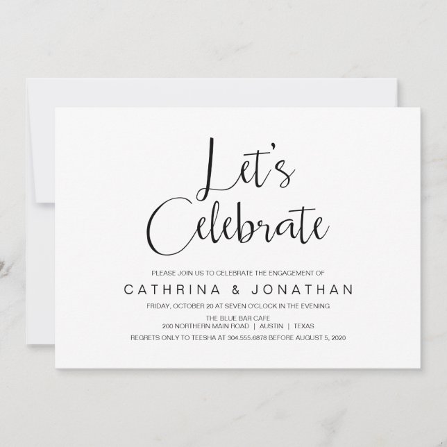 Hand Lettered, Black script, Engagement Party Invitation (Front)