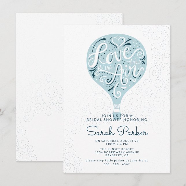 Hand Lettered Blue Hot Air Balloon Bridal Shower Invitation (Front/Back)