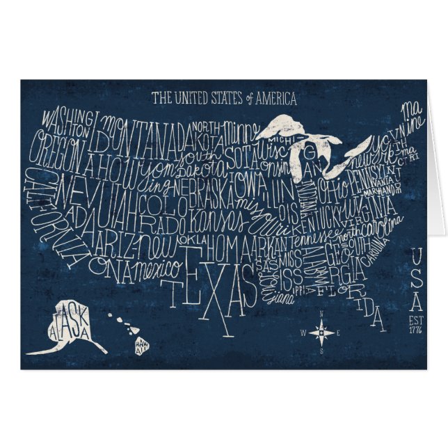 Hand Lettered Blue USA Map (Front Horizontal)