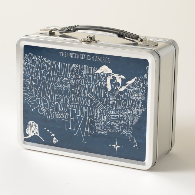 Hand Lettered Blue USA Map Metal Lunch Box (Front)