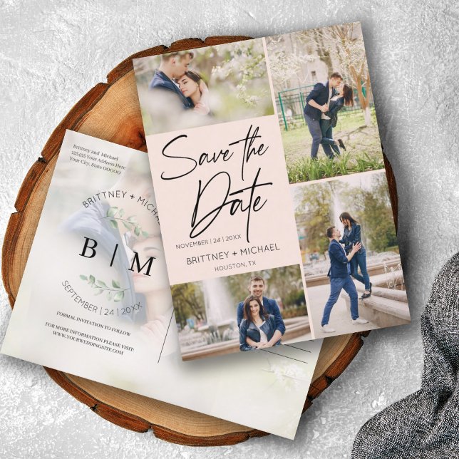 Hand Lettered Blush Pink Collage Save The Date  Announcement Postcard (Creator Uploaded)