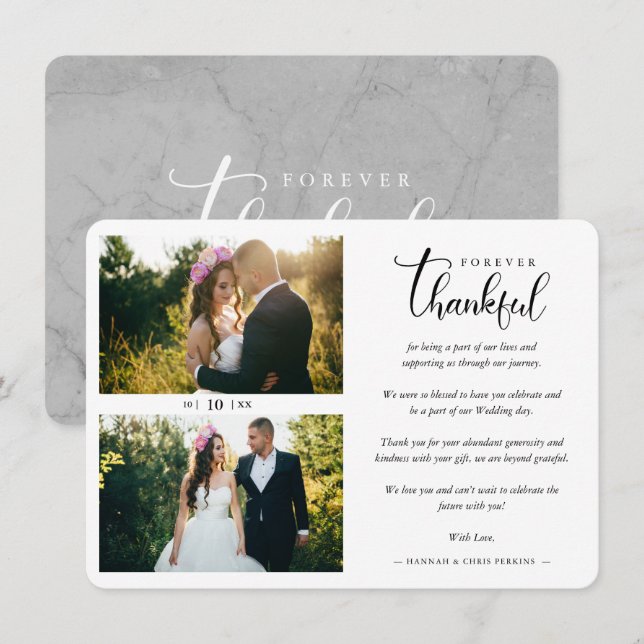 Hand Lettered Chic 2 Photos Bride & Groom Collage Thank You Card (Front/Back)