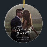 Hand-Lettered Christmas Wedding Photo Thank You Ceramic Tree Decoration<br><div class="desc">A great and thoughtful way to thank your friends,  family,  and coworkers who showed up to support and help on your wedding day with this modern photo thank you Christmas ornaments with script hand lettered "thank you" and a love heart.</div>