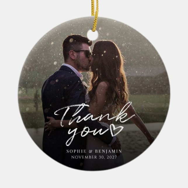 Hand-Lettered Christmas Wedding Photo Thank You Ceramic Tree Decoration (Front)