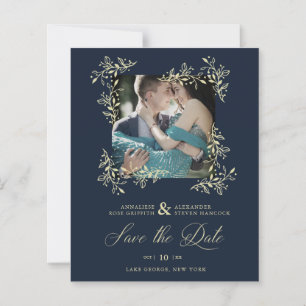 Hand Lettered Elegant Flourish Navy Photo Wedding
