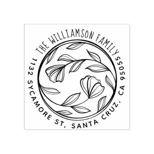 Hand Lettered Family Name Floral Return Address Rubber Stamp