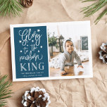 Hand Lettered Glory | Christmas Photo Card<br><div class="desc">Modern typography based holiday photo card features your favourite photo with "Glory to the newborn king" alongside in white hand lettered style typography. Personalise with your family name, individual names and/or your custom Christmas message. Cards reverse to a pattern of white snow and stars on a rich dark teal blue...</div>