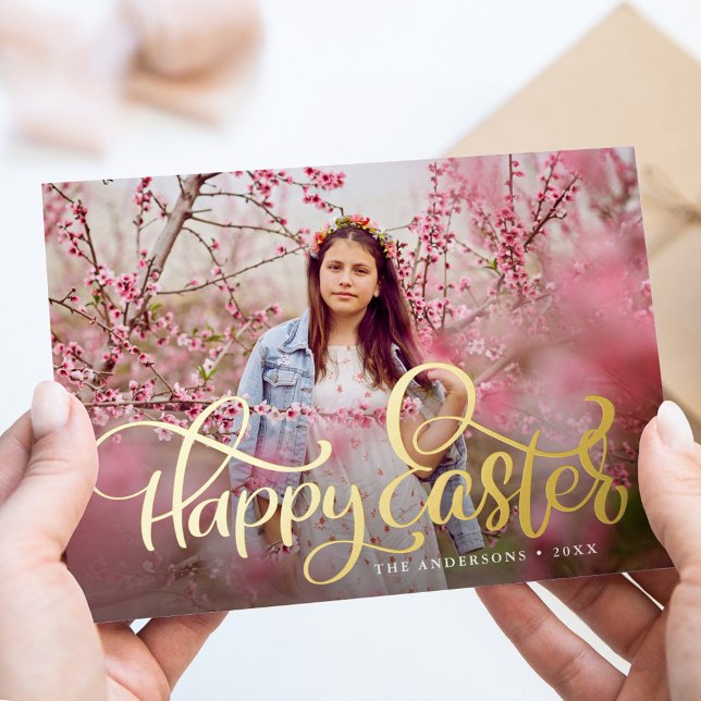 Hand-Lettered Gold Foil Script Happy Easter Photo Foil Holiday Card (Creator Uploaded)
