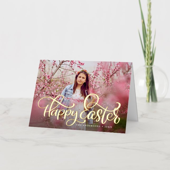 Hand-Lettered Gold Foil Script Photo Easter Card (Front)