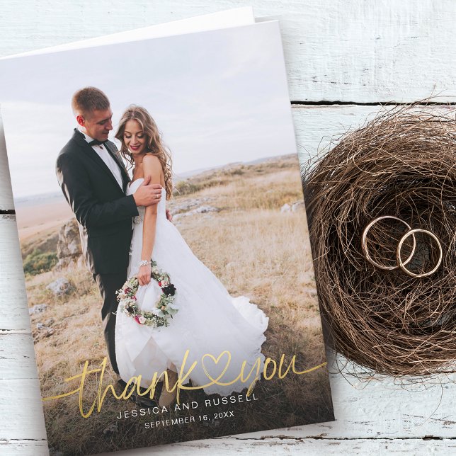 Hand Lettered Gold Script Heart Photos Wedding Thank You Card (Creator Uploaded)