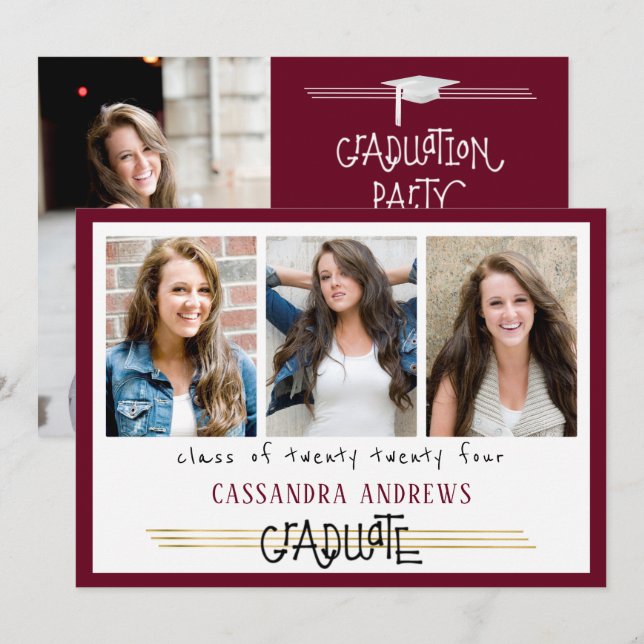 Hand Lettered Graduate | Editable Maroon | 4-Photo Invitation (Front/Back)