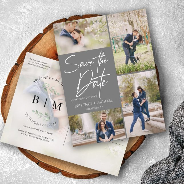 Hand Lettered Grey Collage Save The Date Announcement Postcard (Creator Uploaded)