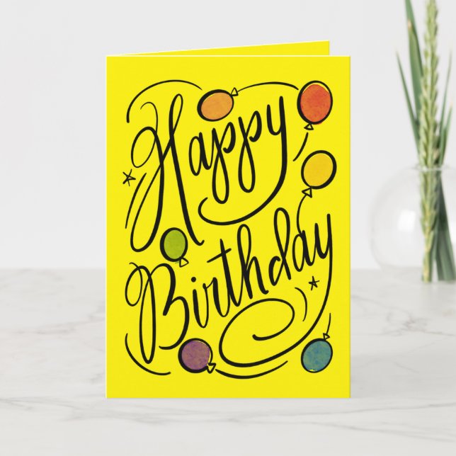 Hand-Lettered Happy Birthday Rainbow Balloons Card (Front)