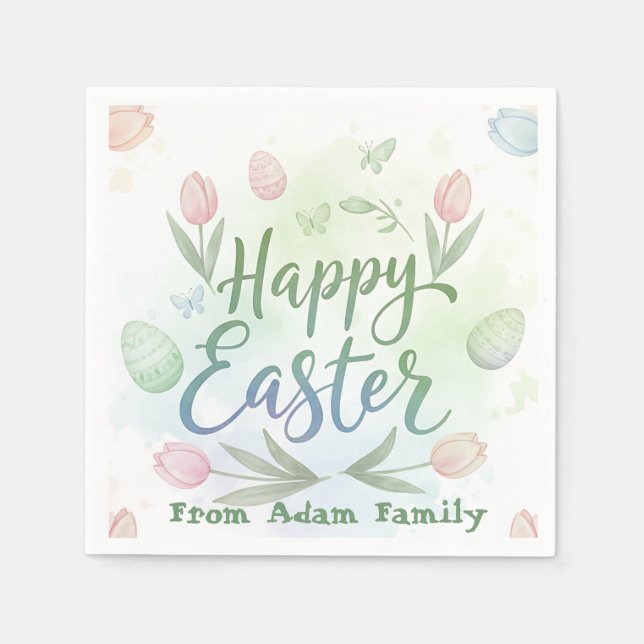 Hand-Lettered Happy Easter Watercolor Napkin (Front)