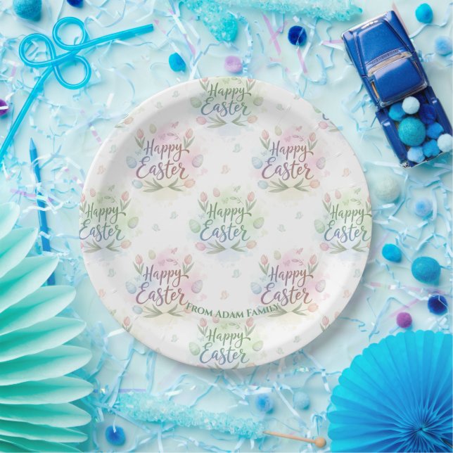 Hand-Lettered Happy Easter Watercolor Paper Plate (Party)
