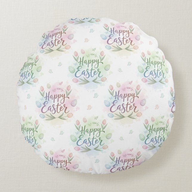 Hand-Lettered Happy Easter Watercolor Round Cushion (Front)