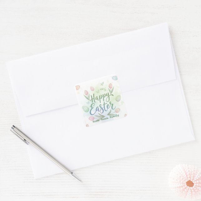 Hand-Lettered Happy Easter Watercolor Square Sticker (Envelope)