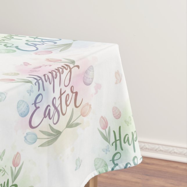 Hand-Lettered Happy Easter Watercolor Tablecloth (In Situ)