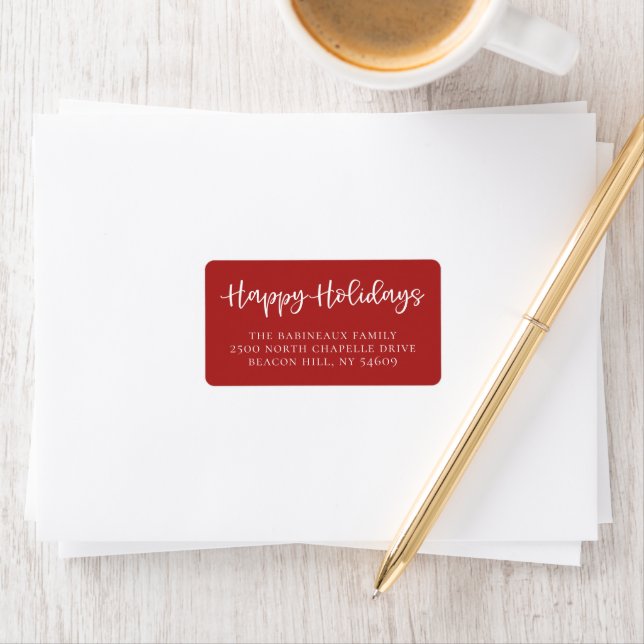Hand Lettered Happy Holidays Script Red Address Label (Insitu)