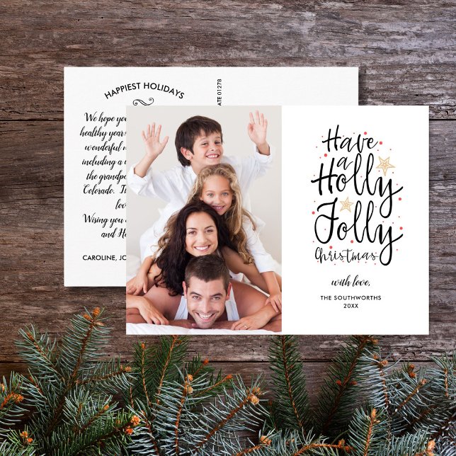 Hand Lettered Holly Jolly Christmas Family Photo  Postcard (Creator Uploaded)
