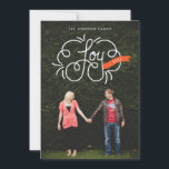 hand lettered joy red ribbon holiday photo<br><div class="desc">Great for new year's cards too; hand lettered "joy" with ornamental line work and a banner with the editable year. White lettering with orange-red banner over a full bleed photo. Die cut shapes are optional,  with more choices available.</div>