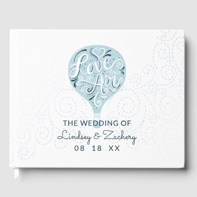 Hand Lettered Love Blue Hot Air Balloon Wedding Guest Book (Front)