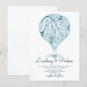 Hand Lettered Love Blue Hot Air Balloon Wedding Invitation