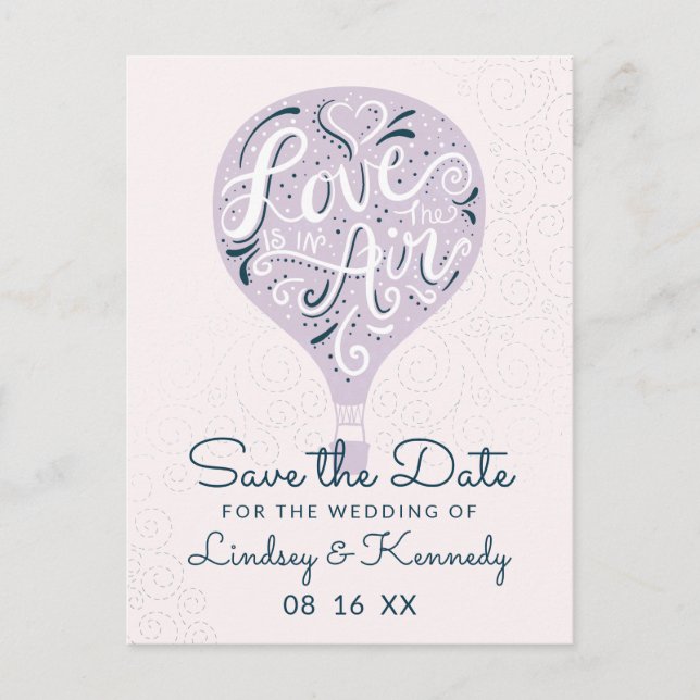 Hand Lettered Love Lavender Balloon Save the Date Announcement Postcard (Front)