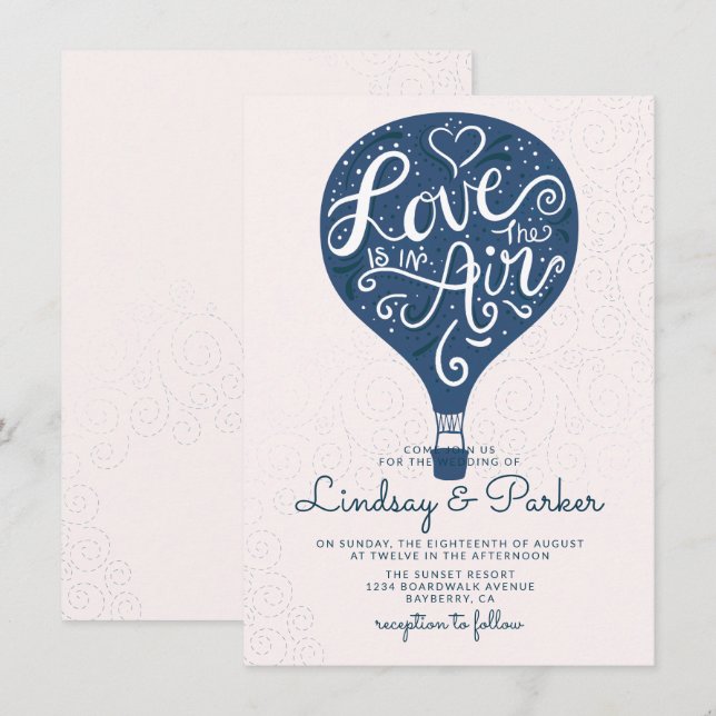 Hand Lettered Love Navy Hot Air Balloon Wedding Invitation (Front/Back)