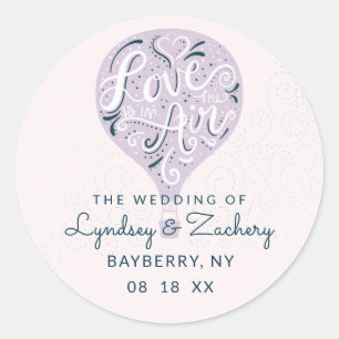Hand Lettered Love Purple Hot Air Balloon Wedding Classic Round Sticker