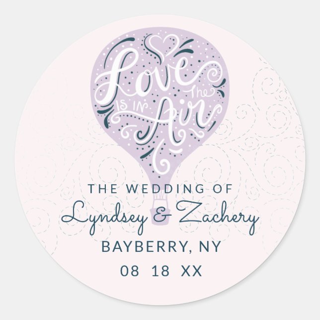 Hand Lettered Love Purple Hot Air Balloon Wedding Classic Round Sticker (Front)