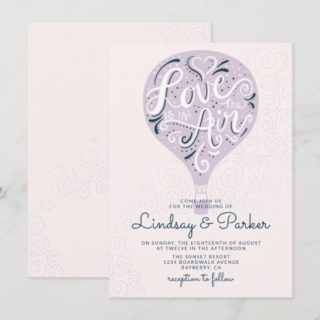 Hand Lettered Love Purple Hot Air Balloon Wedding Invitation (Front/Back)