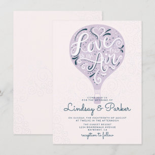 Hand Lettered Love Purple Hot Air Balloon Wedding Invitation