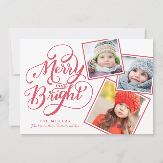 Hand Lettered Merry and Bright Christmas Snapshots Holiday Card (Front)