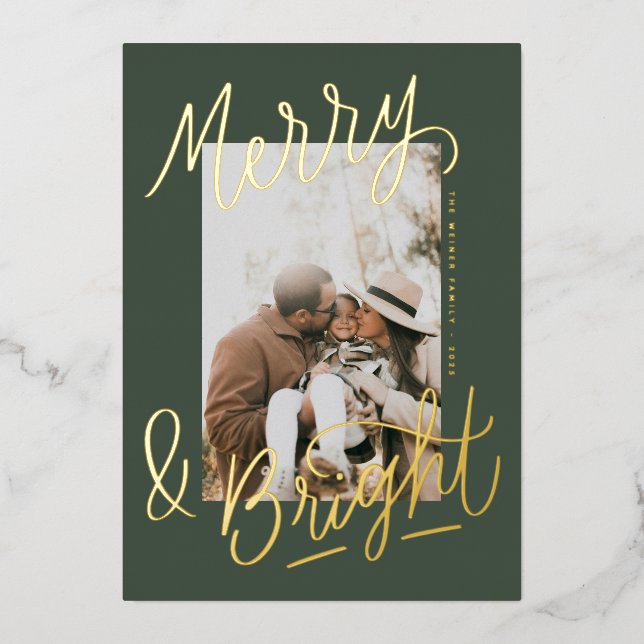 Hand-lettered Merry & Bright Photo Overlay Foil Holiday Card (Front)