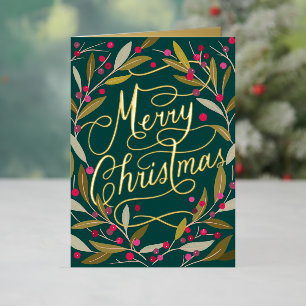 Hand Lettered Merry Christmas California Holly Foil Holiday Card