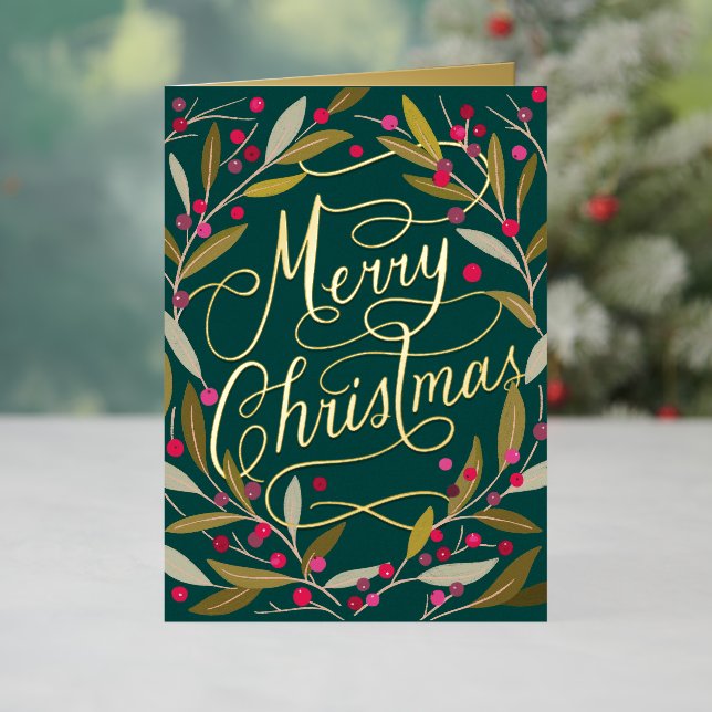 Hand Lettered Merry Christmas California Holly Foil Holiday Card (Holiday In Situ)