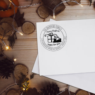 Hand Lettered Merry Christmas Cat Return Address Rubber Stamp