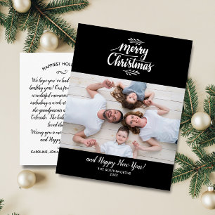 Hand Lettered Merry Christmas Family Photo Black Postcard