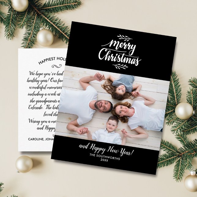 Hand Lettered Merry Christmas Family Photo Black Postcard (Creator Uploaded)