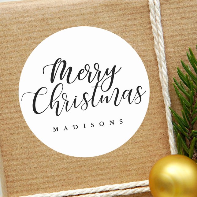 Hand Lettered Merry Christmas Holiday Elegant Classic Round Sticker (Creator Uploaded)