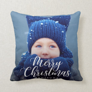 Hand Lettered Merry Christmas Holiday Photo Cushion