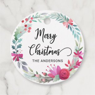 Hand lettered Merry Christmas Holly Wreath Chic Favour Tags