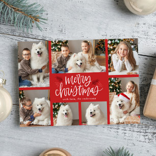 Hand-Lettered Merry Christmas Red 7 Photo Collage Holiday Card