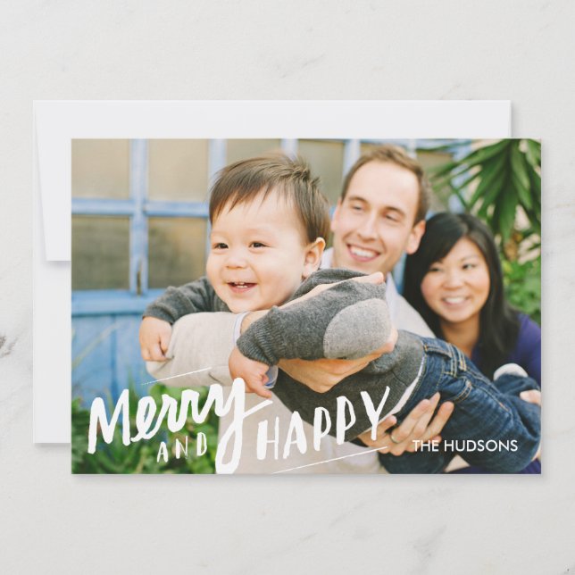 Hand-lettered Merry Happy Holiday Photo Card White (Front)